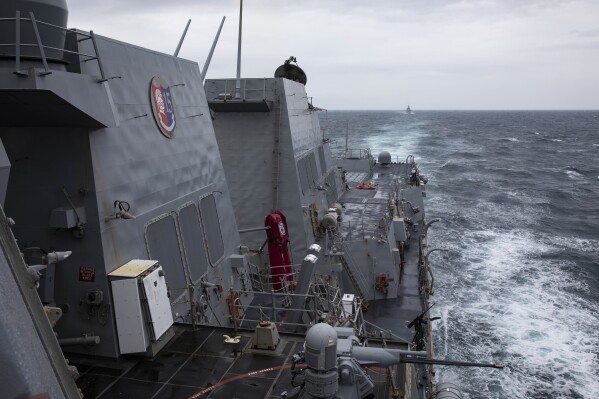 The Arleigh Burke-class guided-missile destroyer USS Ralph Johnson (DDG 114) conducts routine underway operations in the Taiwan Strait, on Sept. 9, 2023. (Mass Communication Specialist 1st Class Jamaal Liddell/U.S. Navy via AP)