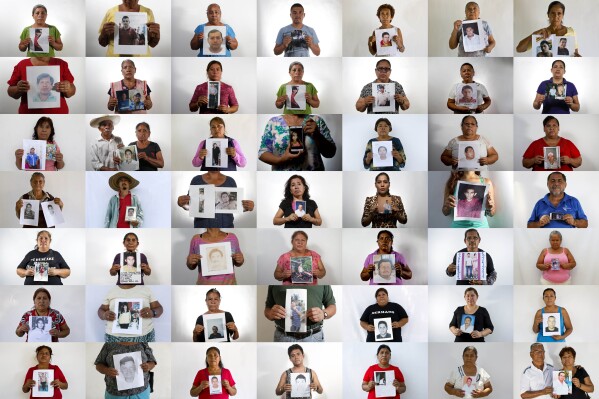 FILE - A photo composite of people holding an image of their missing relative in Iguala, Mexico and surrounding towns, taken between April and August of 2015. Karla Quintana announced her resignation on Aug. 24, 2023 as head of Mexico's National Search Commission, an entity created to search for and identify a mounting number of disappeared people in Mexico. (AP Photo/Dario Lopez-Mills, File)