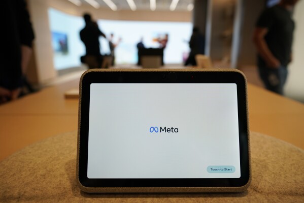 FILE - A Meta Portal Go is displayed during a preview of the Meta Store in Burlingame, Calif., on May 4, 2022. Meta reports earnings on Wednesday, April 24, 2024. (AP Photo/Eric Risberg, File)