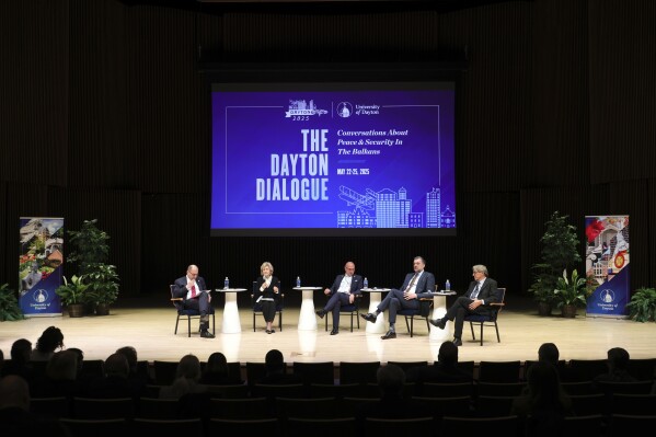Former U.S. Ambassador to NATO and U.S. Senator Kay Bailey Hutchison, second from right, speaks during a panel discussion with High Representative for Bosnia and Herzegovina Christian Schmidt, left, Minister of Foreign and European Affairs of Croatia Gordan Grlic-Radman, Minister of Foreign Affairs of Bosnia and Herzegovina Elmedin Konakovic and former U.S. Ambassador to Croatia Peter Galbraith as part of the NATO Parliamentary Assembly in Dayton, Ohio, on Friday, May 23, 2025. (AP Photo/Paul Vernon)