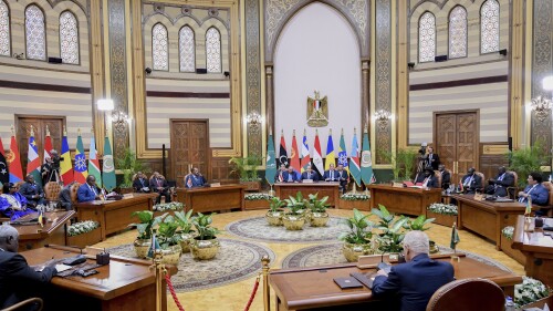 In this photo provided by Egypt's presidency media office, Egyptian President Abdel-Fattah el-Sissi, center, chairs a summit on the Sudan conflict, at the Presidential Palace in Cairo, Egypt, Thursday, July 13, 2023. Egypt is hosting a summit about the Sudan conflict which include leaders of Ethiopia, South Sudan, Chad, Eritrea, Central African Republic and Libya. (Egyptian Presidency Media Office via AP)