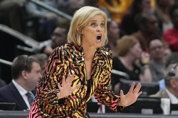LSU head coach Kim Mulkey reacts during the first half of the NCAA Women's Final Four championship basketball game against Iowa Sunday, April 2, 2023, in Dallas. (AP Photo/Darron Cummings)