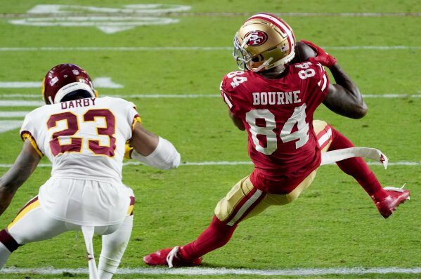 San Francisco 49ers wide receiver Kendrick Bourne (84) scores on the two point conversion as Washington Football Team cornerback Ronald Darby (23) defends during the second half of an NFL football game, Sunday, Dec. 13, 2020, in Glendale, Ariz. (AP Photo/Rick Scuteri)