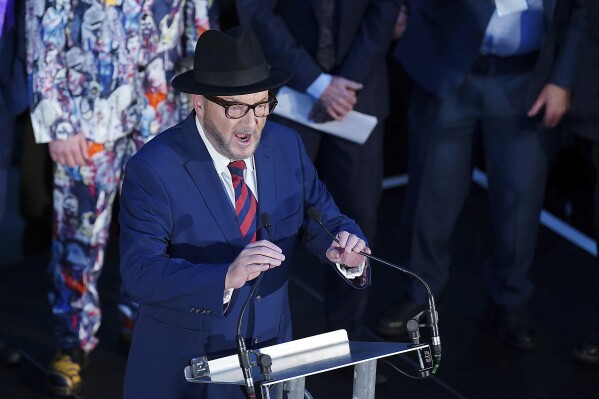 George Galloway gives a speech after being declared winner in the Rochdale by-election, which was triggered after the death of Labour MP Sir Tony Lloyd, in the town of Rochdale, England Thursday, Feb. 29, 2024. (Peter Byrne/PA via AP)
