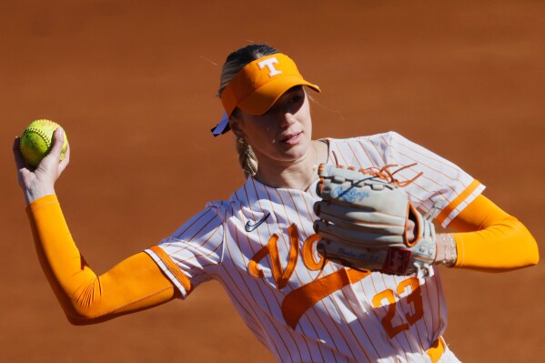 Tennessee pitcher Karlyn Pickens (23) warms up before an NCAA college softball game against Delaware State on Friday, Feb. 28, 2025, in Knoxville, Tenn. (AP Photo/Mike Buscher, File)