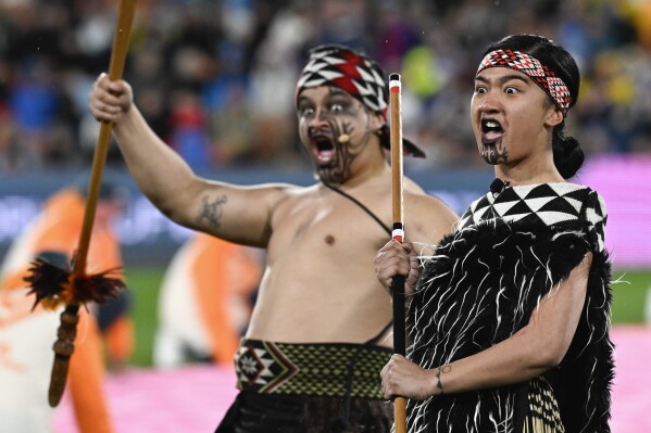 Maori perform a traditional welcome ceremony ahead of the Women's World Cup Group G soccer match between Argentina and Sweden in Hamilton, New Zealand, Wednesday, Aug. 2, 2023. (AP Photo/Andrew Cornaga)