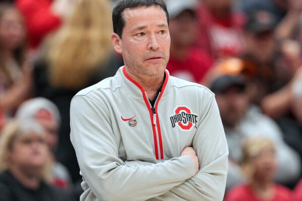 Ohio State head coach Kevin McGuff reacts during a second round college basketball game against Tennessee in the NCAA Tournament, March 23, 2025, in Columbus, Ohio. (AP Photo/Jeff Dean, file)
