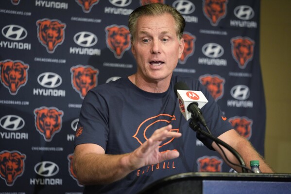 Chicago Bears coach Matt Eberflus speaks during a news conference after the Bears played against the Indianapolis Colts in an NFL preseason football game in Indianapolis, Saturday, Aug. 19, 2023. The Colts won 24-17. (AP Photo/Michael Conroy)