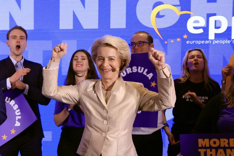 Lead candidate for the European Commission, current European Commission President Ursula von der Leyen poses during an event at the European People's Party headquarters in Brussels, Sunday, June 9, 2024. Polling stations opened across Europe on Sunday as voters from 20 countries cast ballots in elections that are expected to shift the European Union's parliament to the right and could reshape the future direction of the world's biggest trading bloc. (AP Photo/Geert Vanden Wijngaert)