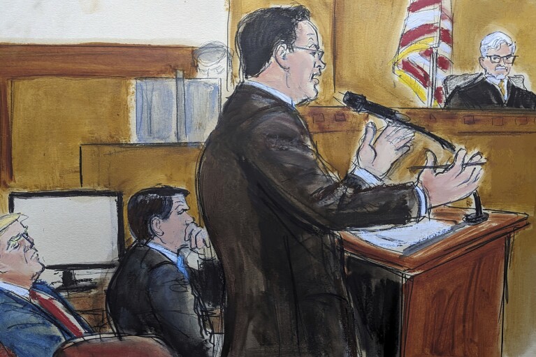 In this courtroom sketch, Tuesday, May 28, 2024, Assistant District Attorney Joshua Steingless presents the prosecution's closing arguments in the criminal trial of Donald Trump in New York.  Trump sits on the far left, eyes closed, next to his lawyer Todd Blanche.  Judge Juan Merchan is seated at upper right.  (Elizabeth Williams via AP)