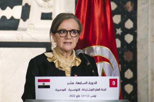 FILE - Tunisian Prime Minister Najla Bouden speaks during a joint press conference with Egyptian Prime Minister Mostafa Madbouly in Tunis, Friday, May 13, 2022. Tunisia's president has sacked the country's prime minister, who was the first woman to hold that job in an Arab League nation. A brief statement from the presidential office late Tuesday night did not give reasons for the dismissal of Najla Bouden Ramadhane. (AP Photo/Hassene Dridi, File)