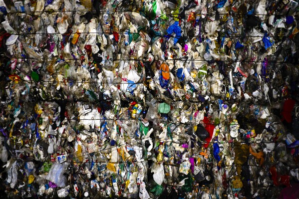 Plastic waste is stored in a new plastic waste sorting facility in Motala, central Sweden, Thursday, Nov. 9, 2023. Sweden launched a new state-of-the-art plastic sorting facility, the largest of its kind in the world, and big enough to receive all plastic packaging waste generated from Swedish households. (AP Photo/David Keyton)