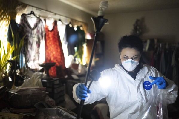 Wearing a protective suit, Arusyak Martirosyan, an investigator with the Los Angeles County Public Administrator's office, turns on a lamp while searching through a one-bedroom apartment in Los Angeles, Thursday, Nov. 16, 2023, for clues that might lead to finding family members or relatives of a tenant who died in the hospital with no apparent next of kin. (AP Photo/Jae C. Hong)