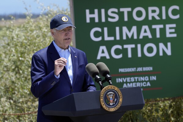 President Joe Biden speaks at the Lucy Evans Baylands Nature Interpretive Center and Preserve in Palo Alto, Calif., Monday, June 19, 2023. Biden talked about climate change, clean energy jobs and protecting the environment. (AP Photo/Susan Walsh)