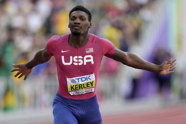 Fred Kerley, of the United States, wins the final in the men's 100-meter run at the World Athletics Championships on Saturday, July 16, 2022, in Eugene, Ore. (AP Photo/Ashley Landis)