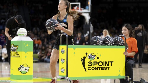 New York Liberty guard Sabrina Ionescu competes in the WNBA All-Star 3-point contest Friday, July 14, 2023, in Las Vegas. (Ellen Schmidt/Las Vegas Review-Journal via AP)