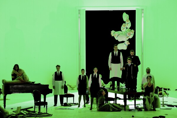 This image released by Opéra Bastille - Opéra national de Paris shows a performance of "The Exterminating Angel” in Paris on Feb. 26, 2024. (Agathe Poupeney/Opéra Bastille - Opéra national de Paris via AP)