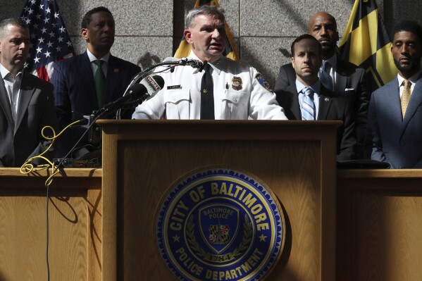 Baltimore Acting Police Commissioner Richard Worley speaks at a news conference with law enforcement and city officials about the arrest of Jason Dean Billingsley on Thursday, Sept. 28, 2023, in Baltimore. Worley said that police had been searching for Billingsley, who is charged with first-degree murder in the death of 26-year-old Pava LaPere, since last week as a suspect in a separate rape and arson. (AP photo/Brian Witte)