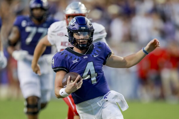 TCU quarterback Chandler Morris (4) runs for a touchdown against Nicholls State during the first half of an NCAA college football game Saturday, Sept. 9, 2023, in Fort Worth, Texas. (AP Photo/Gareth Patterson)