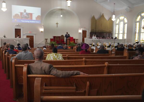 Congregants sit in largely empty pews during service at Zion Baptist Church in Columbia, S.C., on Sunday, April 16, 2023. Zion's shrinking attendance is in line with a recent Pew Research Center survey, which found that the number of Black Protestants who say they attend services monthly has fallen from 61% in 2019 to 46%. They are also the only group in which more than half attend services virtually. (AP Photo/Jessie Wardarski)