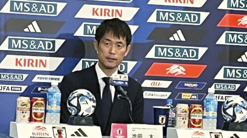 Japanese women’s coach Futoshi Ikeda announces players for the upcoming Women’s World Cup at a news conference in Chiba, east of Tokyo, Tuesday, June 13, 2023. Japan coach Ikeda named his 23-player squad for the Women's World Cup on Tuesday, a side heavy with players showing their skills in leagues abroad. (AP Photo/Stephen Wade)