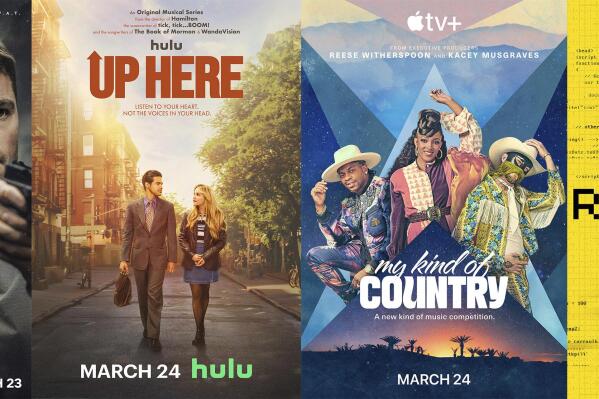 This combination of photos shows promotional art for "The Night Agent," a series premiering March 23 on Netflix, from left, "Up Here," a series premiering March 24 on Hulu, "My Kind of Country," a music competition series premiering March 24 on Apple TV+ and "Rabbit Hole," a series premiering March 26 on Paramount+. (Netflix/Hulu/Apple TV+/Paramount+ via AP)