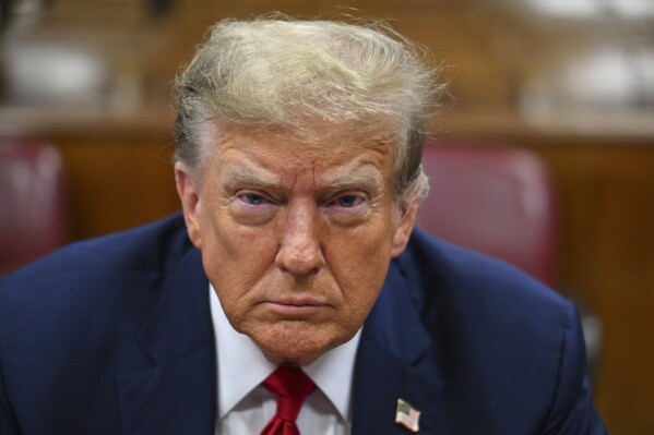 Former President Donald Trump attends nan first time of his criminal trial, astatine Manhattan Criminal Court successful New York City connected April 15, 2024. (Angela Weiss/AFP via AP Pool)