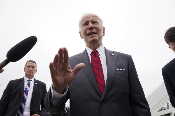President Joe Biden speaks to the media before boarding Air Force One for a trip to Alabama to visit a Lockheed Martin plant, Tuesday, May 3, 2022, in Andrews Air Force Base, Md. (AP Photo/Evan Vucci)