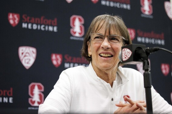 Stanford coach Tara VanDerveer speaks during a press conference in Stanford, Calif., Wednesday, April 10, 2024. VanDerveer, the winningest basketball coach in NCAA history, announced her retirement Tuesday night, April 9, 2024, after 38 seasons leading the Stanford women's team and 45 years overall.(Dai Sugano/Bay Area News Group via AP)