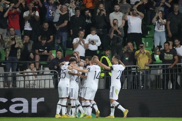 Ludogorets' team celebrate their first goal during the Europa
