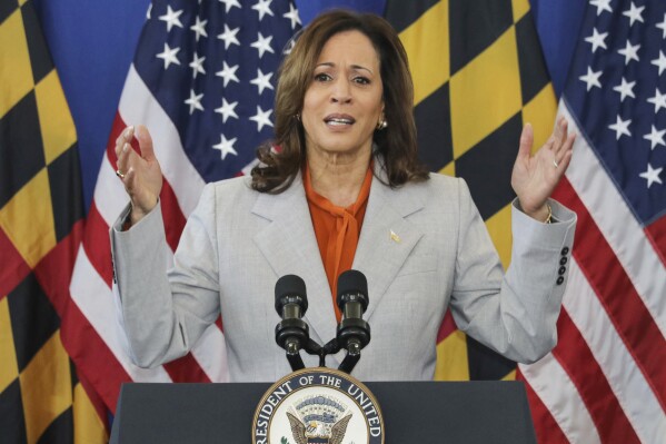 Vice President Kamala Harris talks about steps to prevent gun violence on Friday, June 7, 2024 in Landover, Md., during a campaign stop in support of Prince George's County Executive Angela Alsobrooks, who is the U.S. Senate Democratic nominee in a race for a seat that could determine control of the Senate. (AP Photo/Brian Witte)