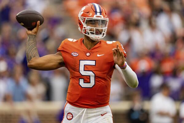 Clemson quarterback DJ Uiagalelei (5) throws the ball in the third quarter against the Furman during an NCAA college football game in Clemson, S.C., Saturday, Sept. 10, 2022. (AP Photo/Jacob Kupferman)