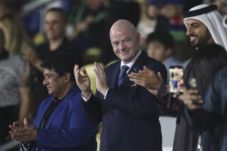 FIFA President Giovanni Infantino attends the FIFA Beach Soccer World Cup UAE 2024 final match between Brazil and Italy at the Dubai Design District Stadium in Dubai, United Arab Emirates, Sunday, Feb. 25, 2024. (AP Photo/Christopher Pike)