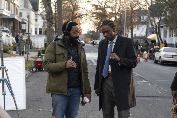 This image released by Sundance Institute shows actor-director Chiwetel Ejiofor, left, on the set of "Rob Peace", an official selection of the Premieres Program at the 2024 Sundance Film Festival. (Gwen Capistran/Sundance Institute via AP)