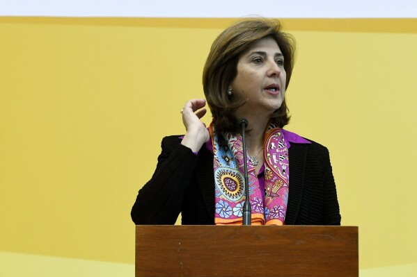 FILE - Minister of Foreign Affairs of Colombia Maria Angela Holguin Cuellar delivers her speech during the opening ceremony of the Hungary – Latin America Forum at the Ministry of Foreign Affairs and Trade in Budapest, Hungary, Wednesday, Nov. 15, 2017. U.N. Secretary-General Antonio Guterres has named a former Colombian foreign minister to scope out the chances of reviving talks to resolve Cyprus’ ethnic divide. U.N. spokesman Stéphane Dujarric said on Friday, Jan. 5, 2024 that María Ángela Holguín Cuéllar will work on Guterres’ personal envoy and chief advisor on Cyprus. (Szilard Koszticsak//MTI via AP, File)