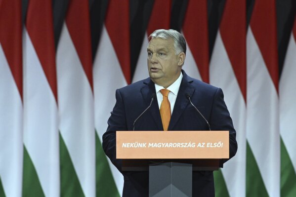 Hungarian Prime Minister Viktor Orban delivers his speech after he was re-elected as party president at the election of officials congress of the ruling Hungarian Fidesz party in Budapest, Hungary, Saturday, Nov. 18, 2023. (Szilard Koszticsak/MTI via AP)