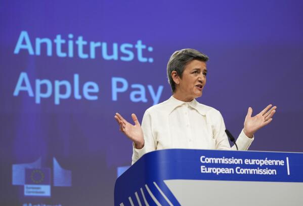 European Commissioner for Europe fit for the Digital Age Margrethe Vestager speaks during a media conference at EU headquarters in Brussels, Monday, May 2, 2022. The European Commission said on Monday it believes Apple abused its dominant position by limiting access to rivals to its mobile payment system, Apple Pay. (AP Photo/Virginia Mayo)