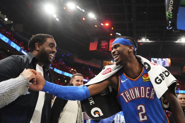 Oklahoma City Thunder's Shai Gilgeous-Alexander (2) celebrates after the team's win against the Denver Nuggets in Game 7 in the Western Conference semifinals of the NBA basketball playoffs, Sunday, May 18, 2025, in Oklahoma City. (AP Photo/Kyle Phillips)
