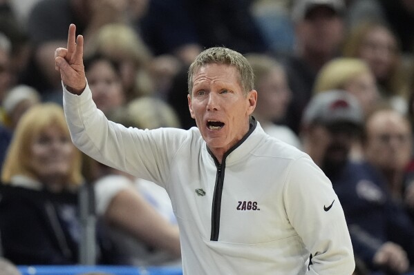 Gonzaga head coach Mark Few directs his team during the first half of a first-round college basketball game against McNeese State in the NCAA Tournament in Salt Lake City, Thursday, March 21, 2024. (AP Photo/Rick Bowmer)