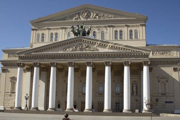 FILE - A view of the Bolshoi Theater in Moscow, Russia, Friday, May 1, 2020. Valery Gergiev, who has served as director of the Mariinsky Theatre in St. Petersburg, was also appointed Friday by the Russian government the director of Moscow's Bolshoi Theater. (AP Photo/Alexander Zemlianichenko, File)