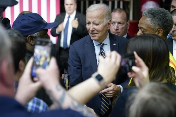 President Joe Biden greets people after speaking about his economic agenda at International Union of Operating Engineers Local 77's training facility in Accokeek, Md., Wednesday, April 19, 2023. (AP Photo/Patrick Semansky)