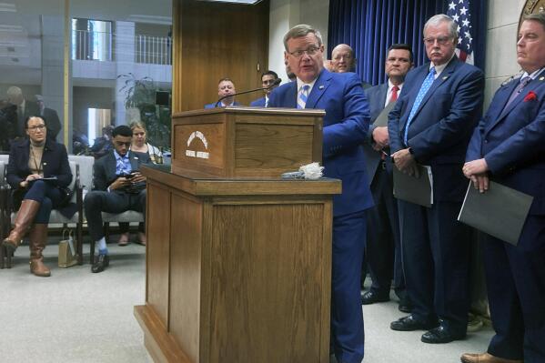 North Carolina House Speaker Tim Moore, R-Cleveland, answers a reporter's questions at the Legislative Building in Raleigh, N.C., on Wednesday, March 29, 2023. Moore and other House Republicans held a news conference to unveil their proposed two-yea state government budget proposal (AP Photo/Gary D. Robertson)