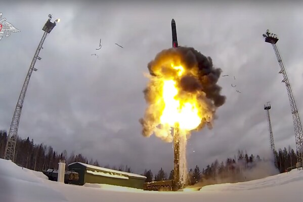 FILE - This photo taken from video provided by the Russian Defense Ministry Press Service on Feb. 19, 2022, shows a Yars intercontinental ballistic missile being launched from an air field during military drills in Russia. The Russian Defense Ministry said that the military will hold drills involving tactical nuclear weapons – the first time such exercise was publicly announced by Moscow. (Russian Defense Ministry Press Service via AP, File)