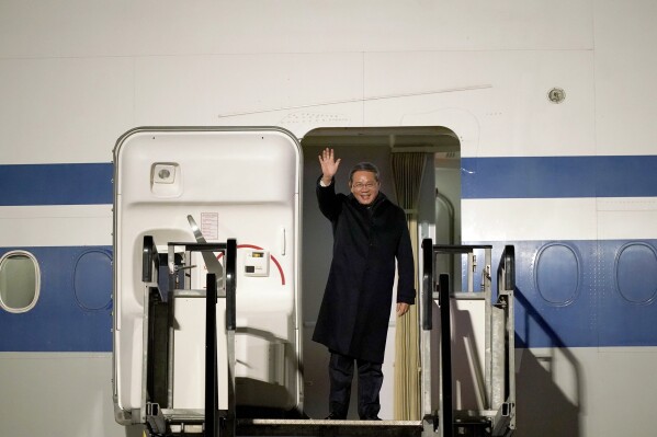 Chinese Premier Li Qiang arrives at Dublin Airport in Dublin, Tuesday, Jan. 16, 2024, for his two day visit to Ireland. (Niall Carson/PA via AP)