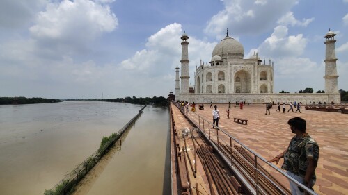 CORRECTS DATE- A swollen Yamuna river rises to the periphery of the Taj Mahal monument in Agra, India, Tuesday, July 18, 2023. (AP Photo/Aryan Kaushik)