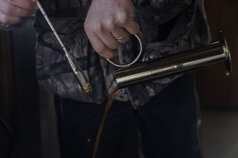 Karl Martin pours maple syrup out of his hydrometer as he measures the density and sugar content of the syrup, Sunday, Feb. 25, 2024, in Rhinelander, Wis. (AP Photo/Joshua A. Bickel)