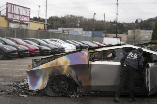 A member of the Seattle Fire Department inspects a burned Tesla Cybertruck at a Tesla lot in Seattle, Monday, March 10, 2025. (AP Photo/Lindsey Wasson, File)