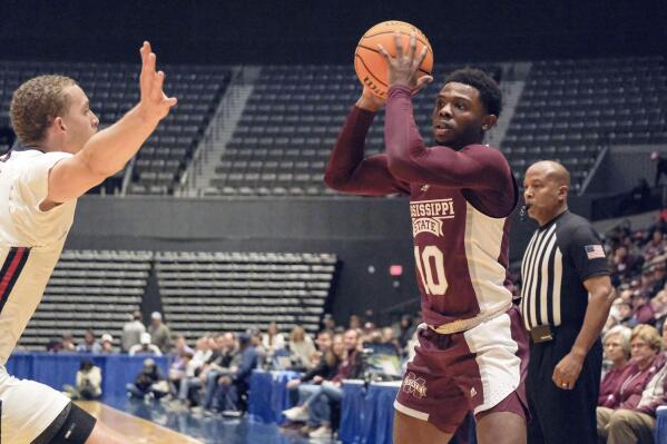 Mississippi State guard Dashawn Davis (10) takes a shot during the first half of an NCAA college basketball game against Jackson State in Jackson, Miss., Wednesday, Dec. 14, 2022. (AP Photo/HG Biggs)