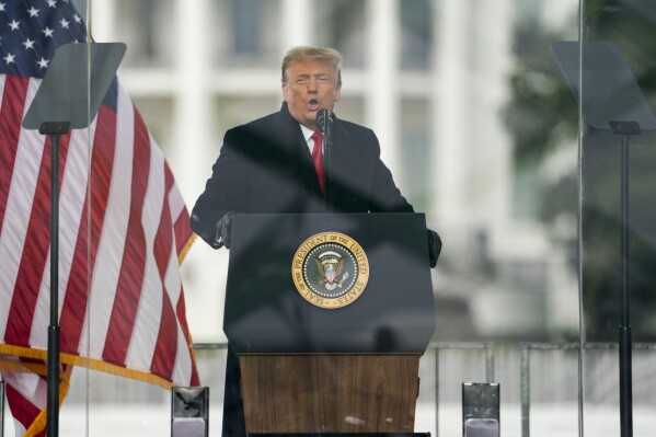 FILE - President Donald Trump speaks during a rally protesting the electoral college certification of Joe Biden as President in Washington, Jan. 6, 2021. Former President Donald Trump is appealing a ruling that found he is not immune from criminal prosecution over his efforts to overturn the 2020 election. That's according to court papers filed Thursday. (AP Photo/Evan Vucci, File)