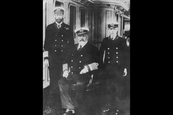 FILE - Britain's King Edward VII, center seated, with his son Prince George, left, and his grandson Prince Edward, in 1909. When Prince Harry entered the witness box on Tuesday, June 6, 2023 in his lawsuit against the publisher of the Daily Mirror, he became the first senior member of the royal family to testify in court since the late 19th century. The last was Prince Albert Edward, who went on to become King Edward VII. He testified twice, first in the divorce proceedings of a woman he was accused of having an affair with and in a slander case involving a man accused of cheating at cards. (AP Photo, file)